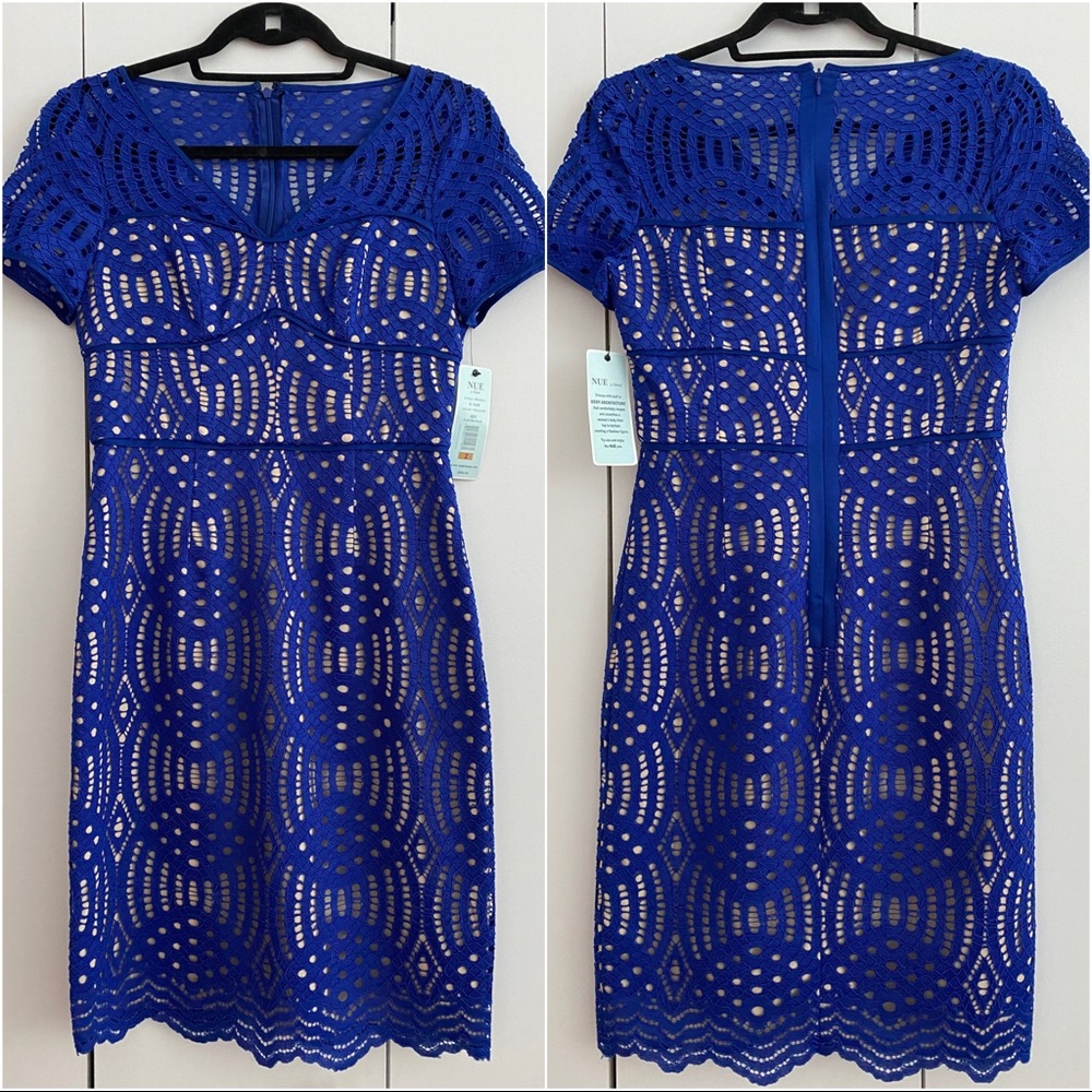 *NWT* Nue by Shani Cobalt Blue Lace Dress with built in nude slip